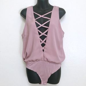 Large Nude Pink Bodysuit Crisscross Front Cutout